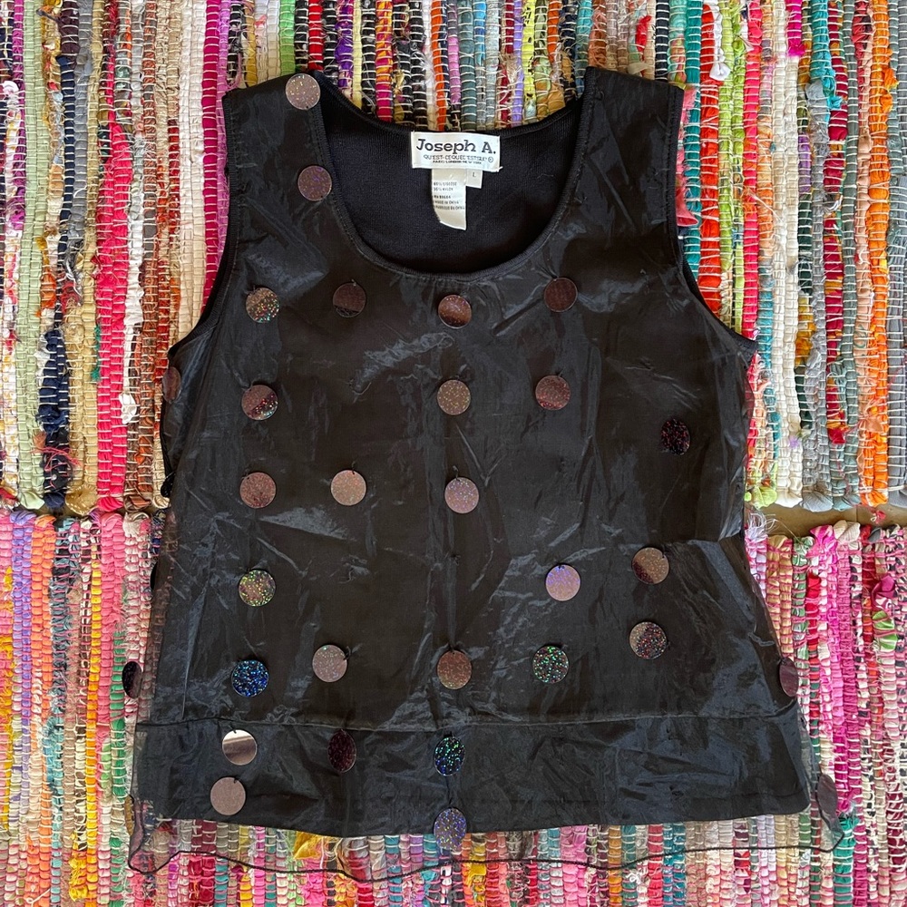 VTG 90s Black Metallic Holo Zenon Space Rave Disco Sequin Mesh Overlay Tank Top